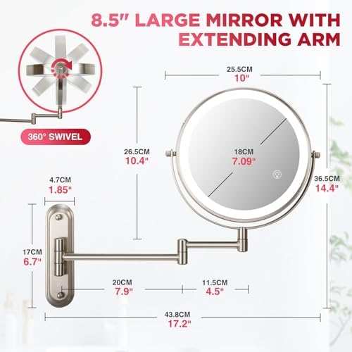 VORREMIRR 20X Wall Mounted Makeup Mirror with LED Lighting and Swivel Arm