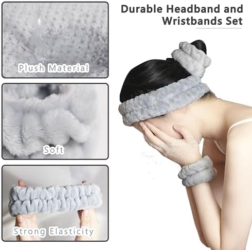Large Microfiber Hair Towel with Spa Headband and Wristbands - Light Grey
