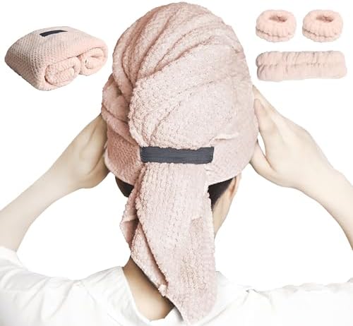 Large Microfiber Hair Towel with Spa Headband and Wristbands Set - Light Pink