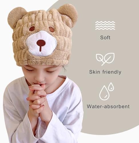 LCBD Microfiber Hair Towel Wrap for Kids - Brown Bear Design