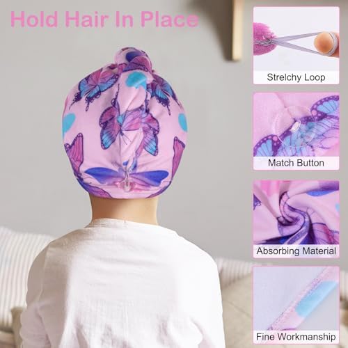 Basumee Microfiber Hair Towel Wrap 2 Pack - Blue Pink Butterfly Design