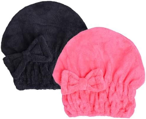 HOPESHINE Microfiber Hair Towel Cap - Black Rose Red 2 Pack