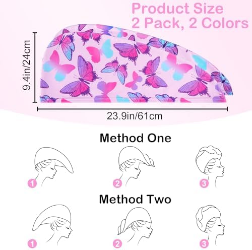 Basumee Microfiber Hair Towel Wrap 2 Pack - Blue Pink Butterfly Design