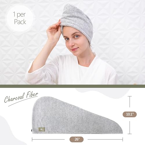 myHomeBody Hair Drying Turban - Ultra Soft Charcoal Fiber Wrap with Coconut Shell Button