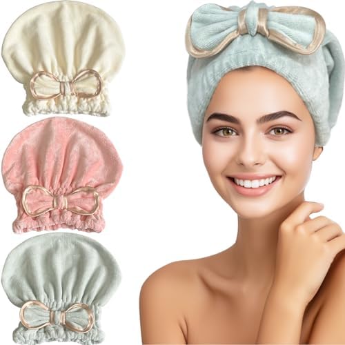 Jseng Microfiber Hair Towel Caps with Bowtie 3 Packs for Women
