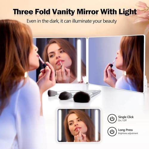 JANMPASK 3 Way Mirror with Light and Retractable Hooks