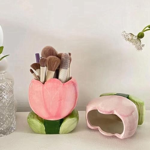 Ceramic Tulip Makeup Brush Holder Pink