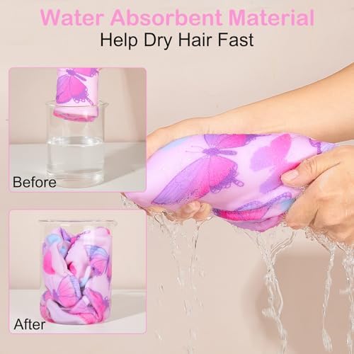 Basumee Microfiber Hair Towel Wrap 2 Pack - Blue Pink Butterfly Design