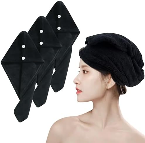 Wetore 3 Pack Microfiber Hair Towel with Button Closure