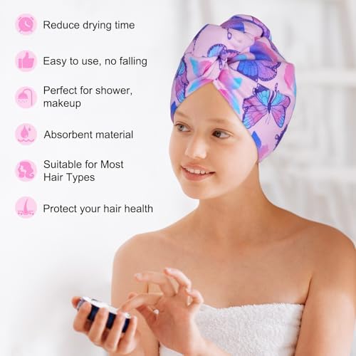 Basumee Microfiber Hair Towel Wrap 2 Pack - Blue Pink Butterfly Design