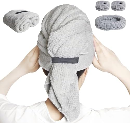 Large Microfiber Hair Towel with Spa Headband and Wristbands - Light Grey