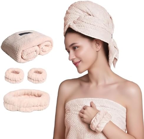 Large Microfiber Hair Towel with Spa Headband and Wristbands Set - Light Pink