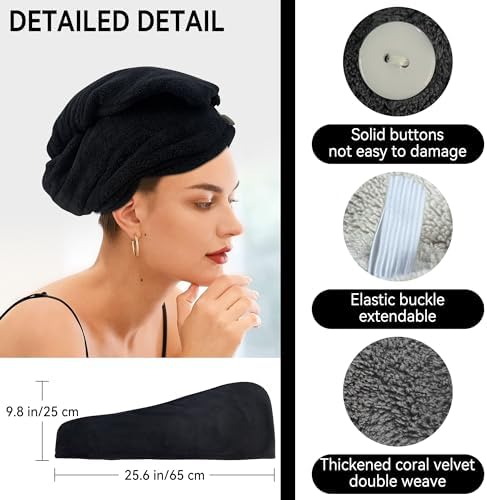 Wetore 3 Pack Microfiber Hair Towel with Button Closure