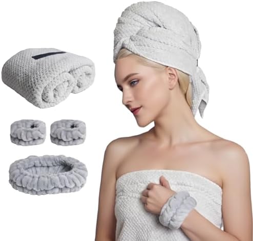 Large Microfiber Hair Towel with Spa Headband and Wristbands - Light Grey