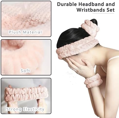 Large Microfiber Hair Towel with Spa Headband and Wristbands Set - Light Pink