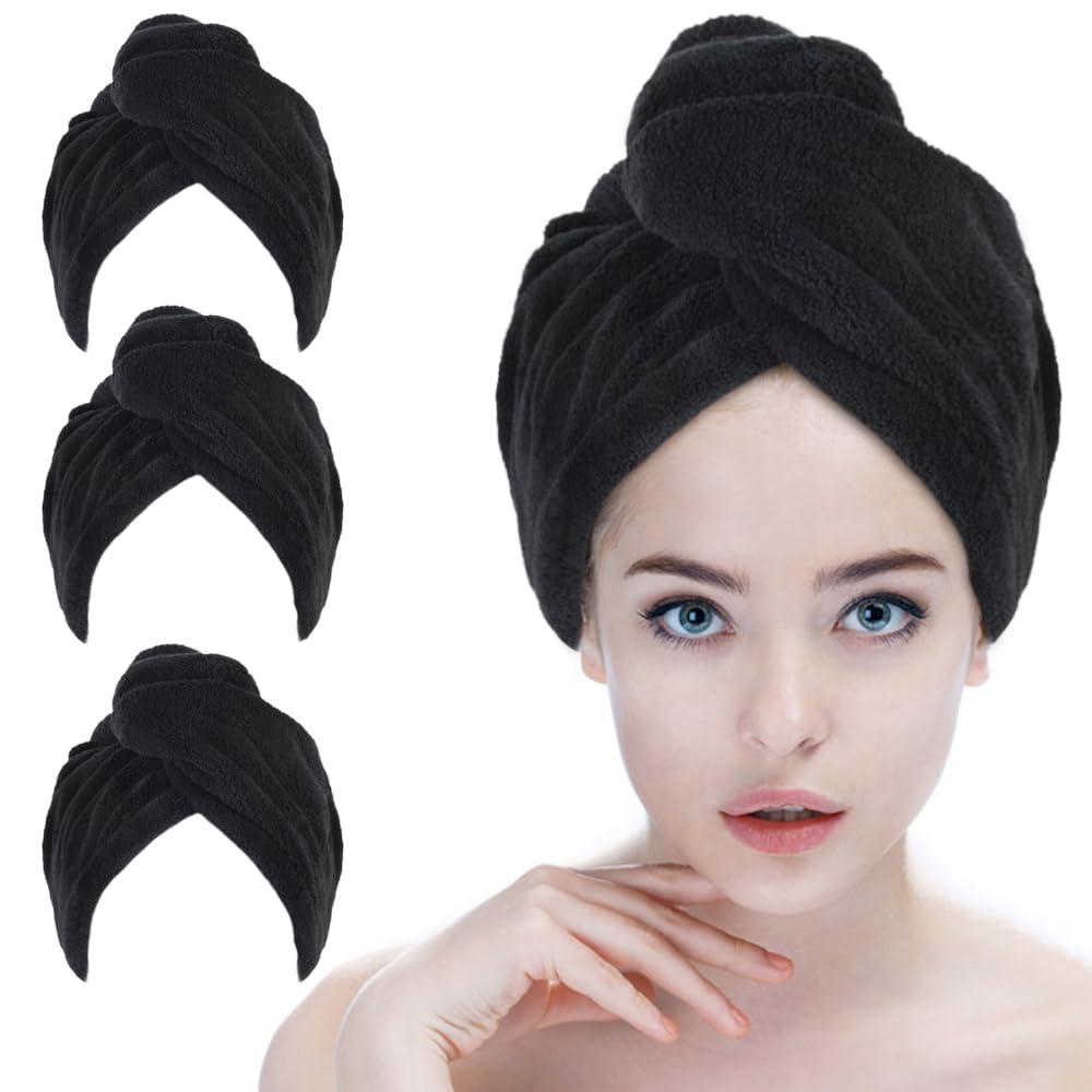 SINLAND Microfiber Hair Drying Cap 3 Pack Black