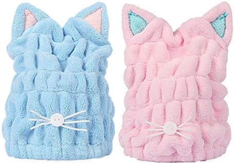 2Pcs Ultra Absorbent Microfiber Hair Drying Towel with Cute Kitty Ears Design