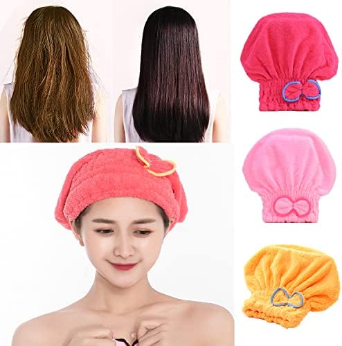 JIEOU Microfiber Hair Drying Cap 3 Packs Red Pink Yellow