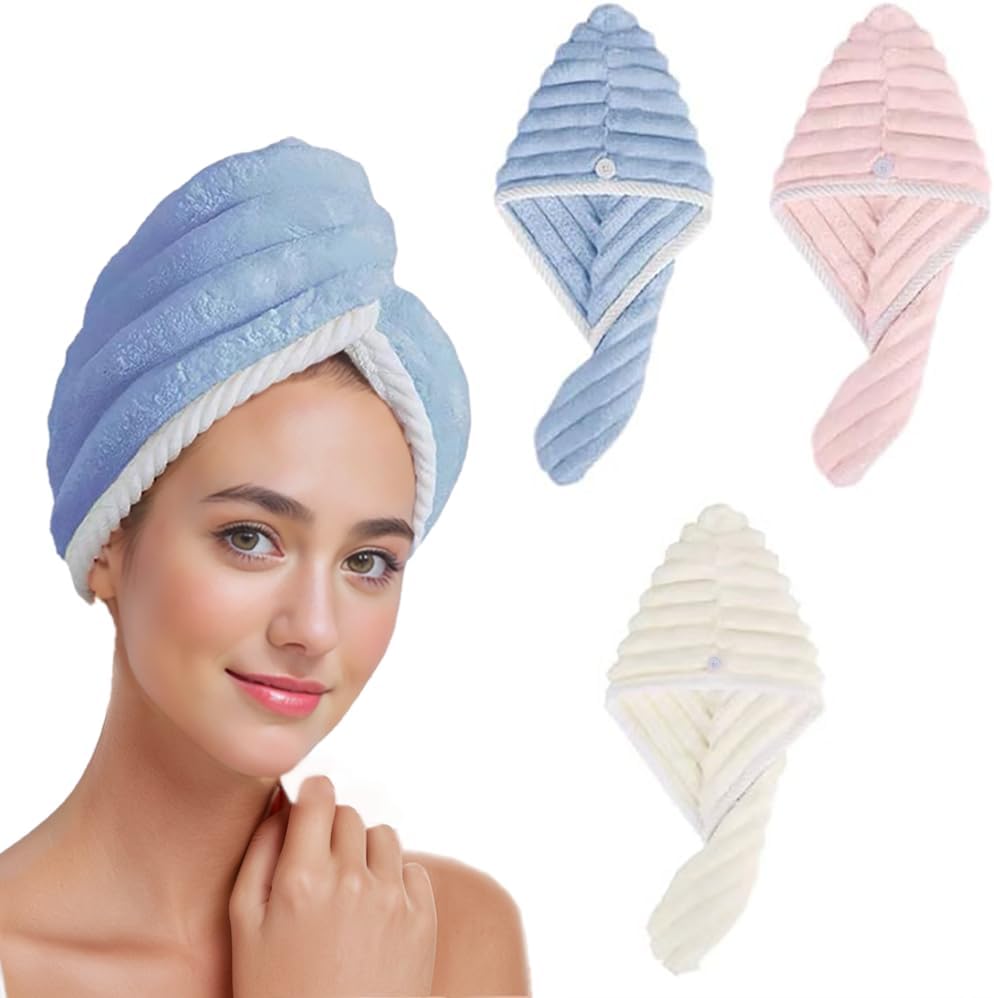 Jenmex 3-Pack Microfiber Hair Towel Wrap with Button