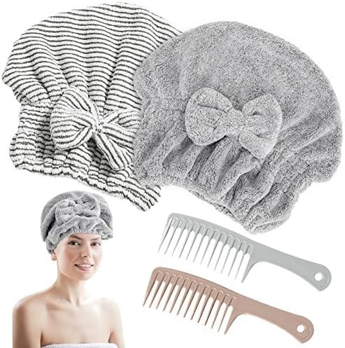 2 Pack Microfiber Towel Caps with 2 Combs for Curly Hair