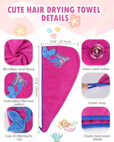 YI HENG MEI 3D Embroidery Hair Towel Wrap for Kids 2PCS