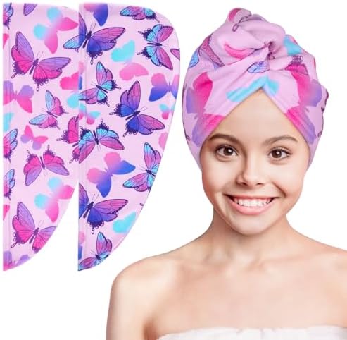 Basumee Microfiber Hair Towel Wrap 2 Pack - Blue Pink Butterfly Design