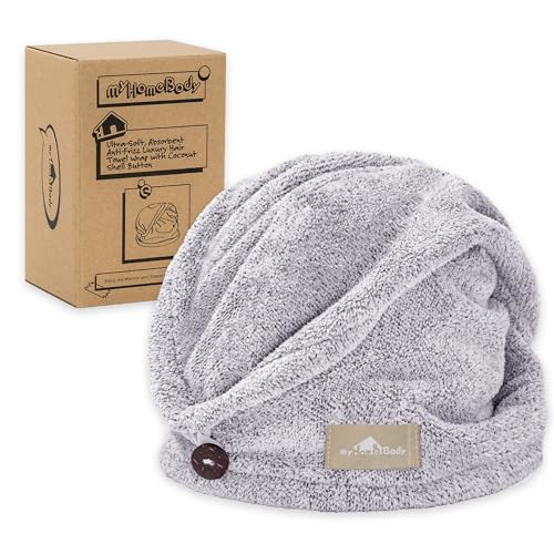 myHomeBody Hair Drying Turban - Ultra Soft Charcoal Fiber Wrap with Coconut Shell Button