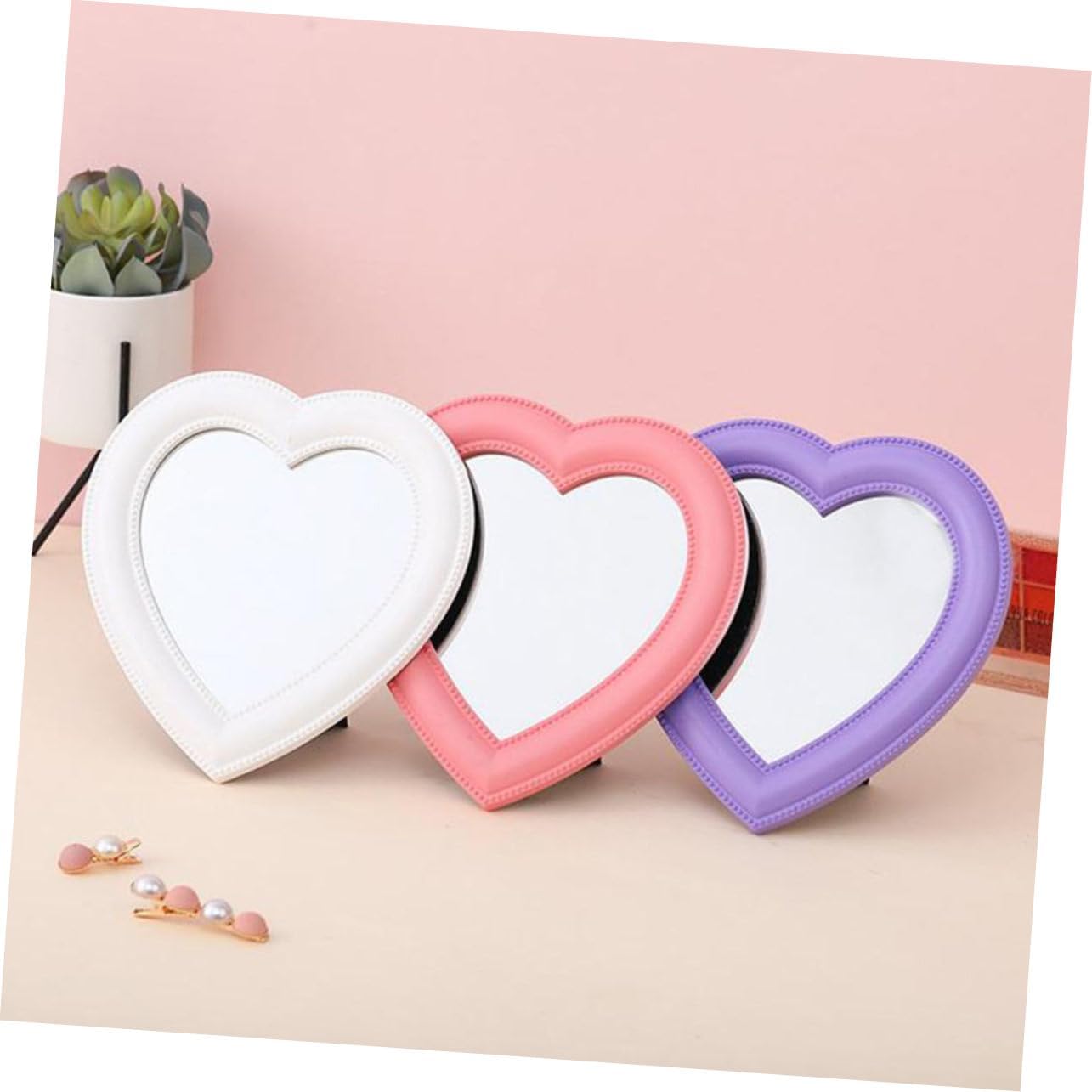 2pcs Heart-Shaped Makeup Mirrors Wall-Mounted Desktop Use