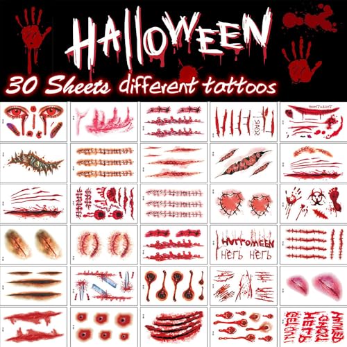 30 Sheets Fake Scars Temporary Tattoos for Halloween Costume