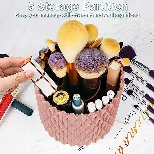 WAFJAMF Makeup Brush Holder 360 Rotating 5 Slot Organizer - Pink