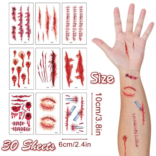 30 Sheets Fake Scars Temporary Tattoos for Halloween Costume