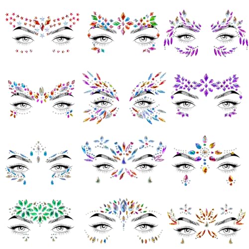 Allruyee 12 Sets Waterproof Face Jewels Sticker