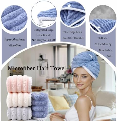 Jenmex 3-Pack Microfiber Hair Towel Wrap with Button