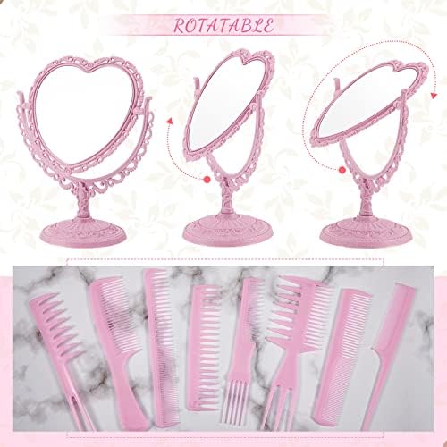 CHENGU Heart-Shaped Mirror 8 Combs Hair Styling Set Pink