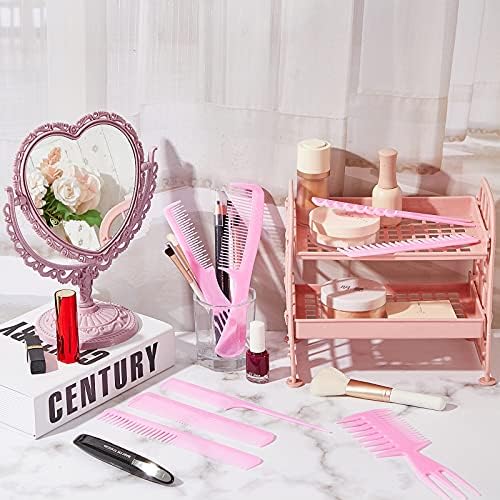 CHENGU Heart-Shaped Mirror 8 Combs Hair Styling Set Pink