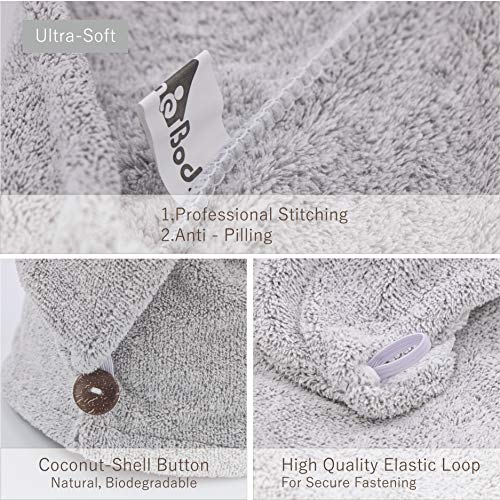 myHomeBody Hair Drying Turban - Ultra Soft Charcoal Fiber Wrap with Coconut Shell Button