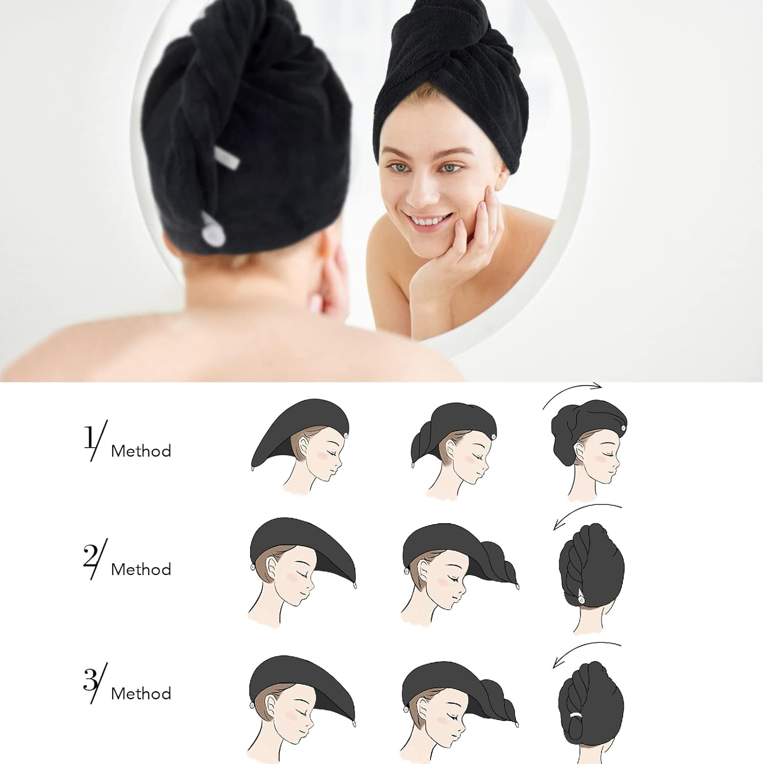 SINLAND Microfiber Hair Drying Cap 3 Pack Black