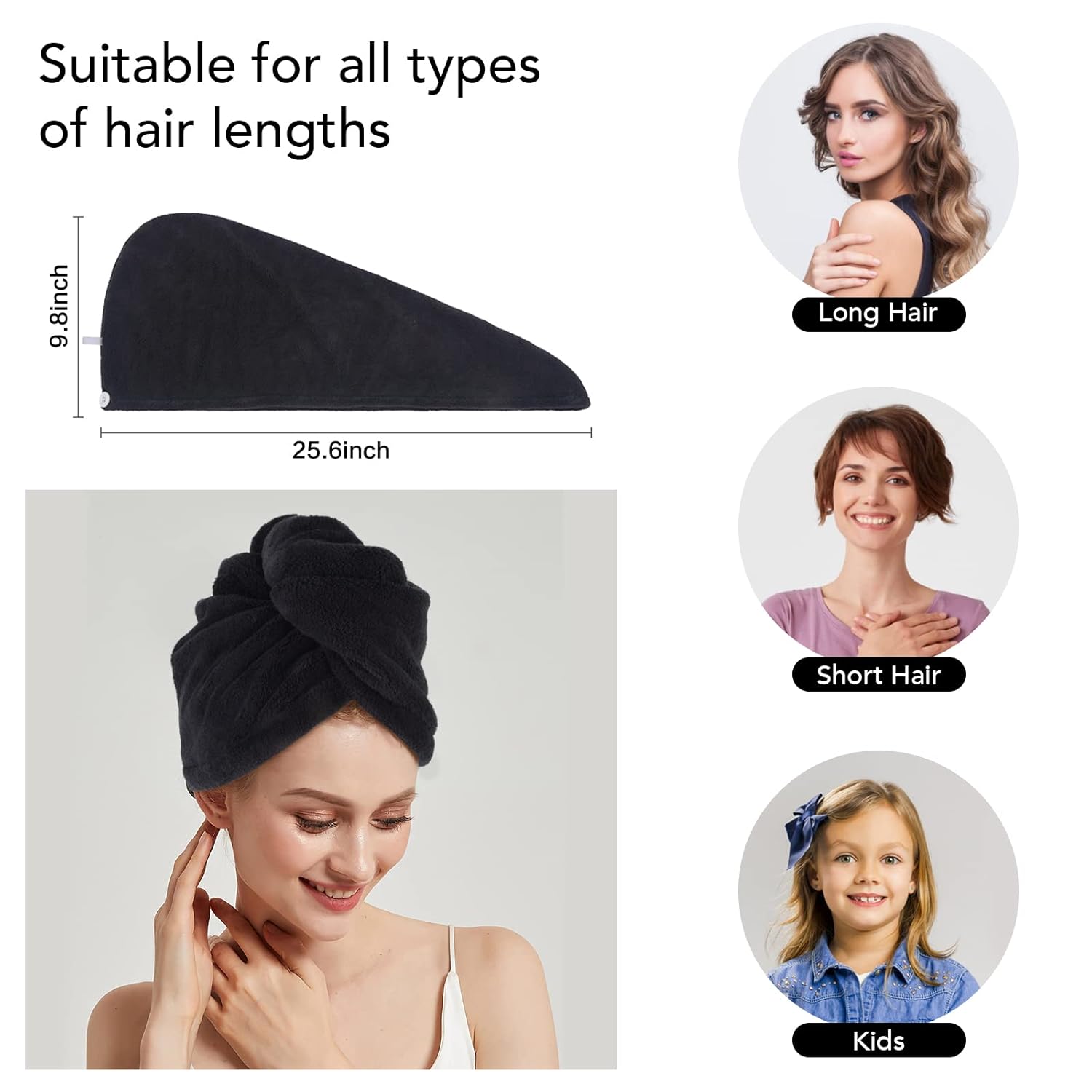 SINLAND Microfiber Hair Drying Cap 3 Pack Black