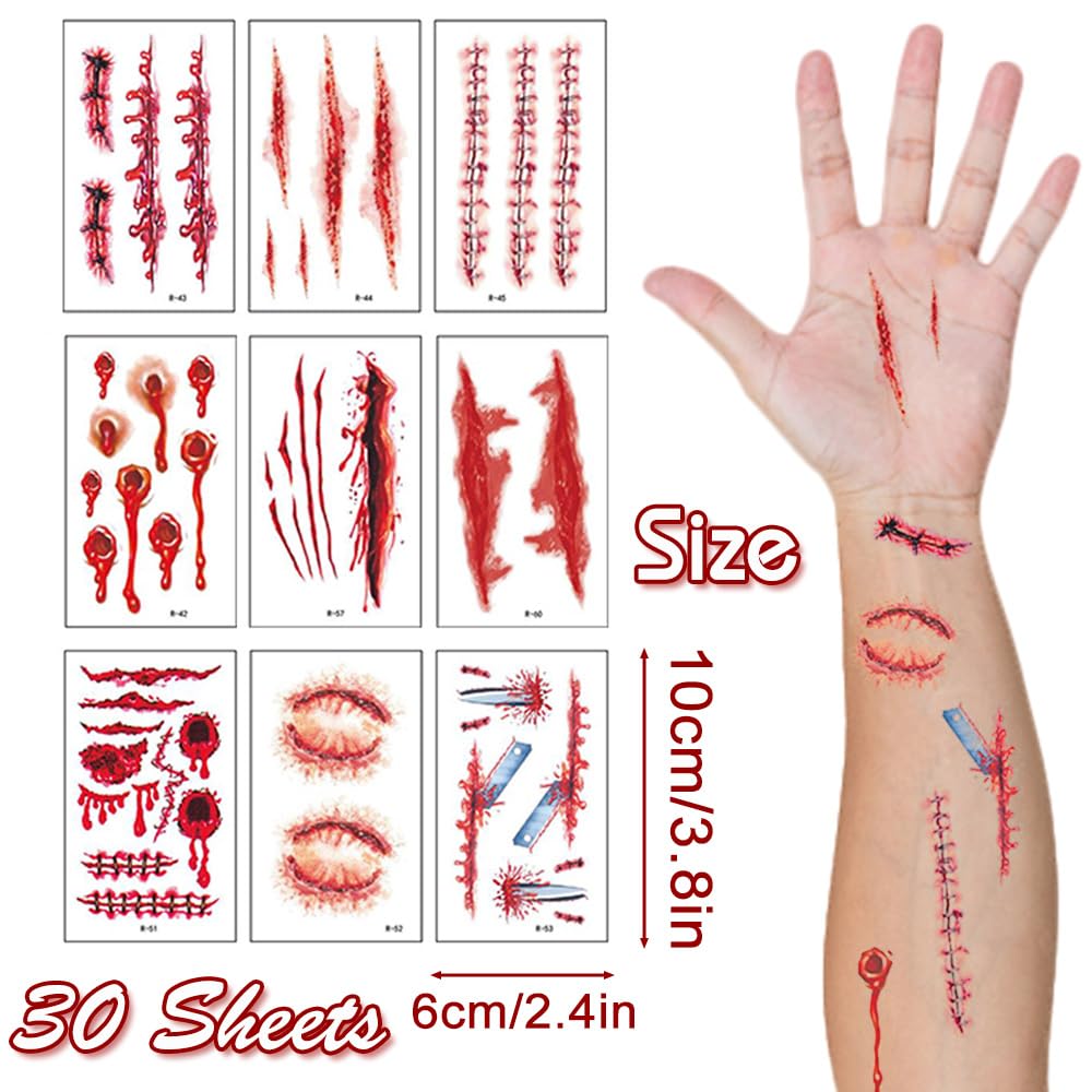 30 Sheets Fake Scars Temporary Tattoos for Halloween Costume
