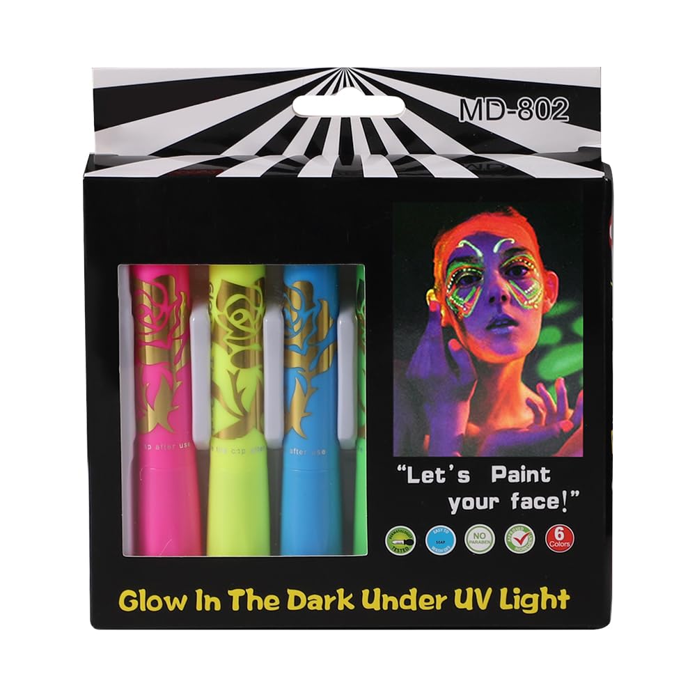SIQITECHNO 6Pcs UV Glow Face Paint Crayons for Halloween Party