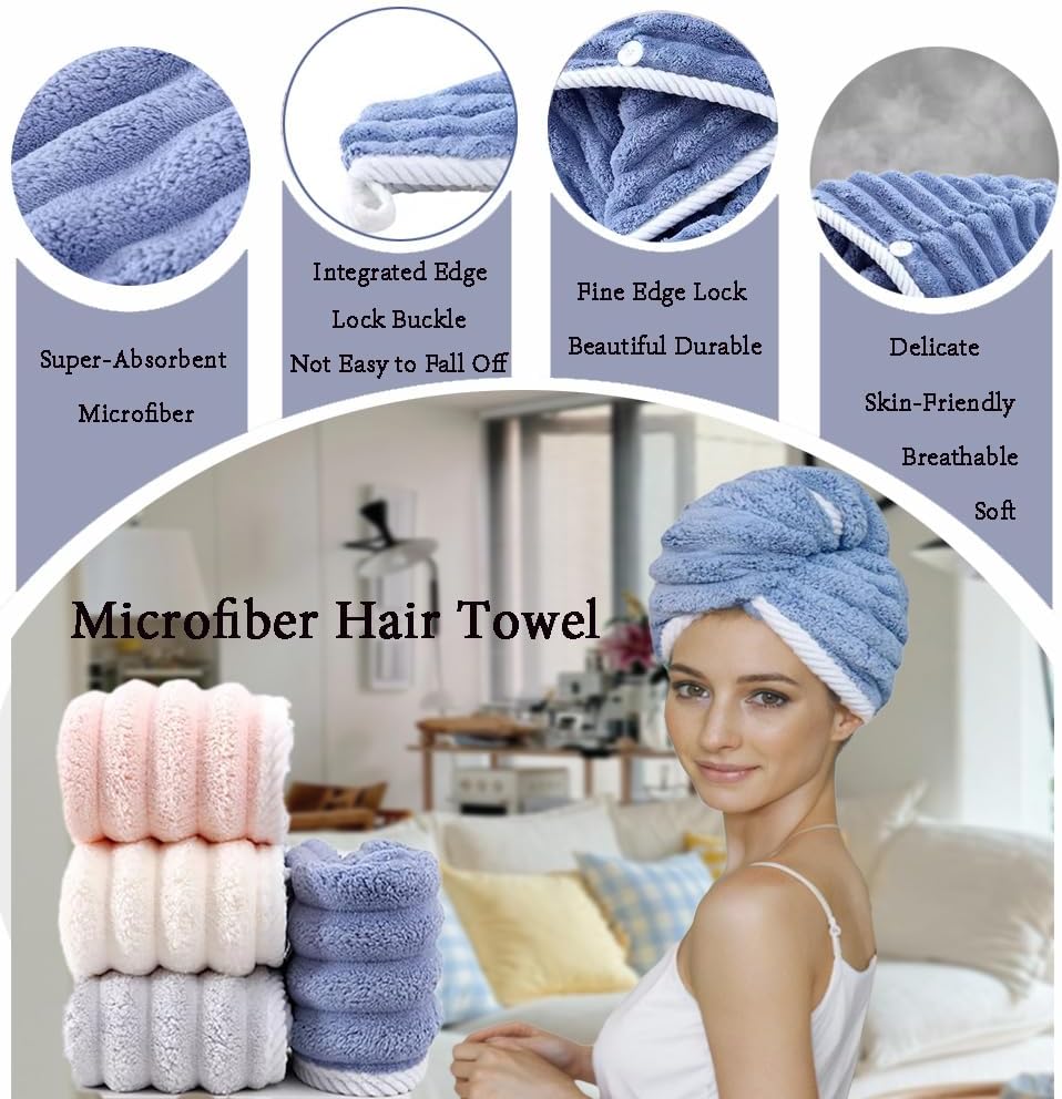 Jenmex 3-Pack Microfiber Hair Towel Wrap with Button