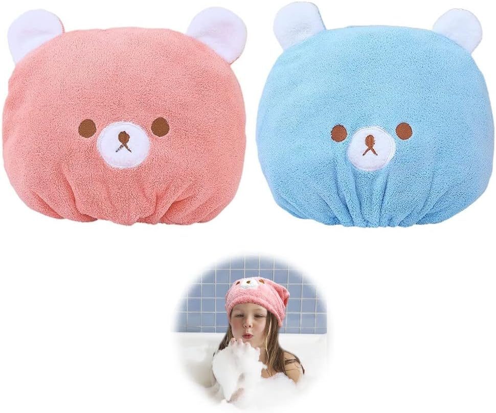 2PCS Cute Bear Dry Hair Caps for Women Girls Kids