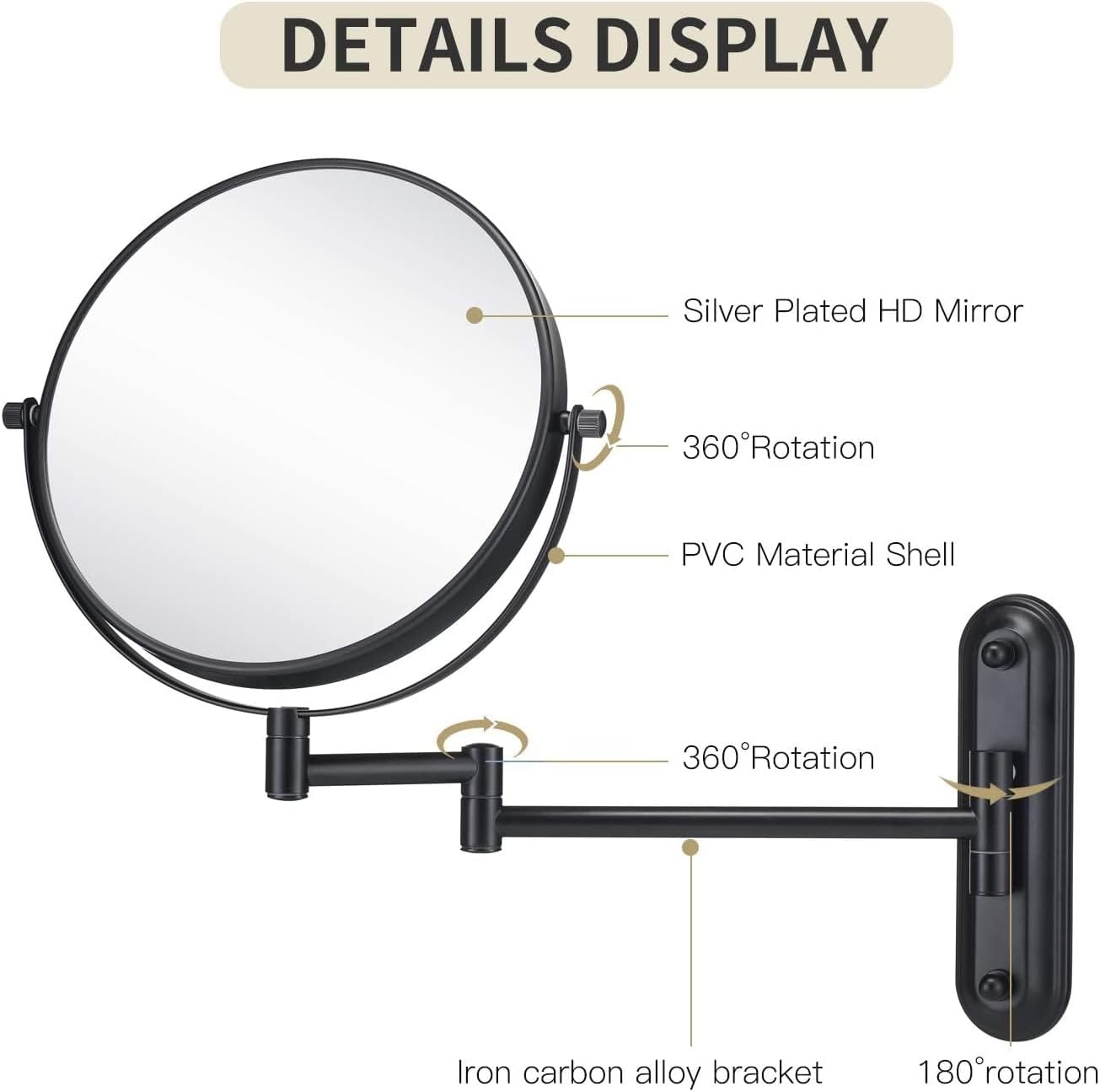 Gecious Double Sided Wall Mirror 10X Magnification Matte Black