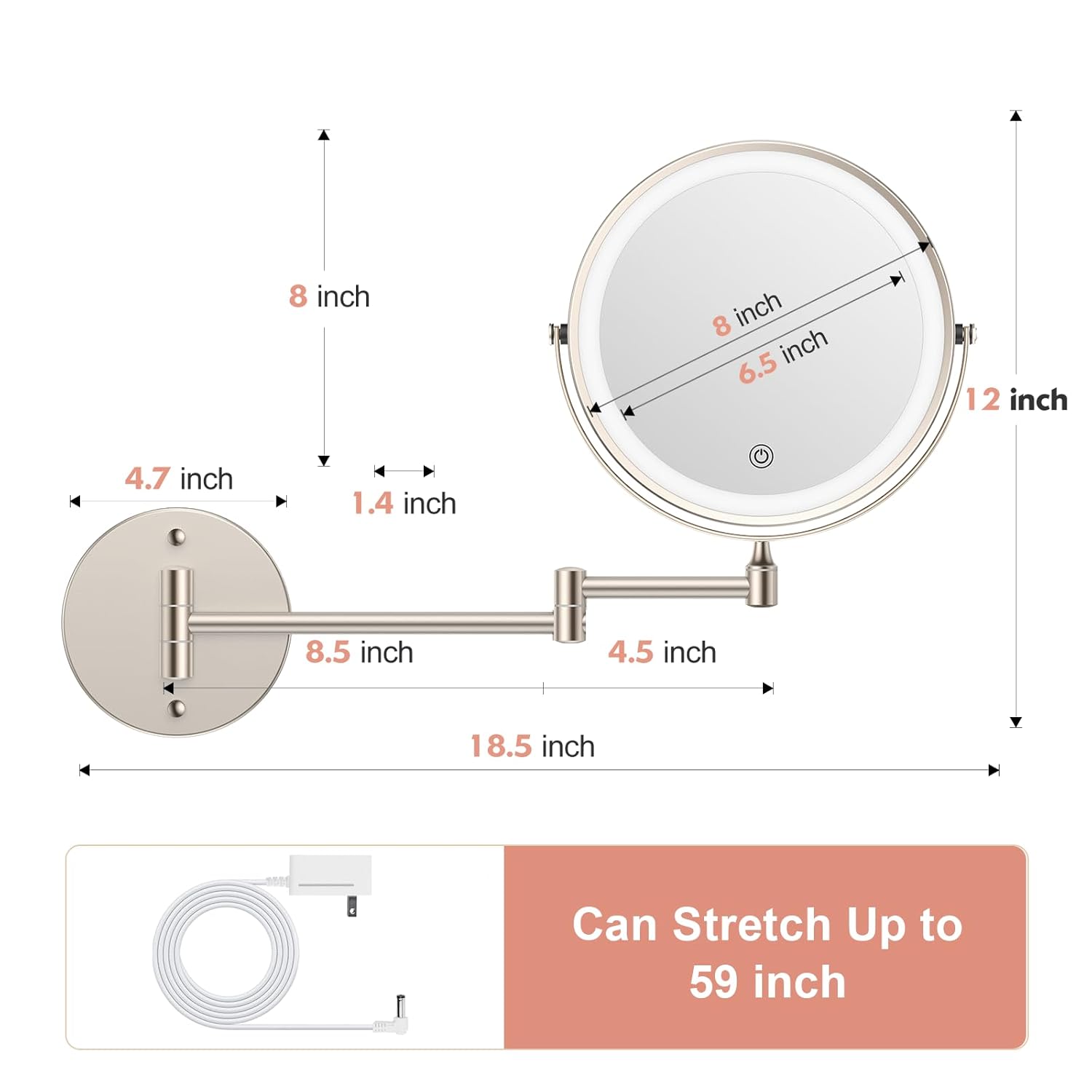FASCINATE Rechargeable Wall Mirror with Lights and 10X Magnification