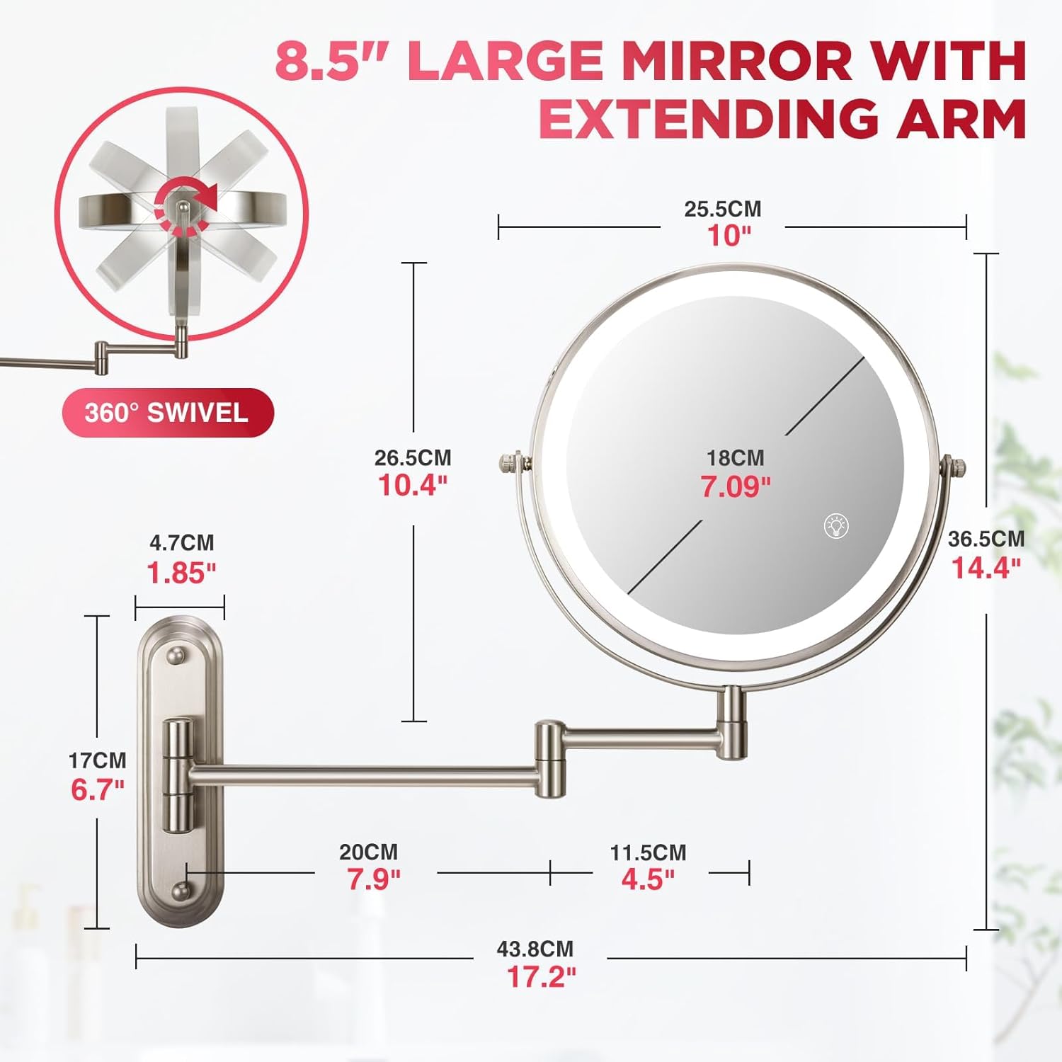 VORREMIRR 20X Wall Mounted Makeup Mirror with LED Lighting and Swivel Arm