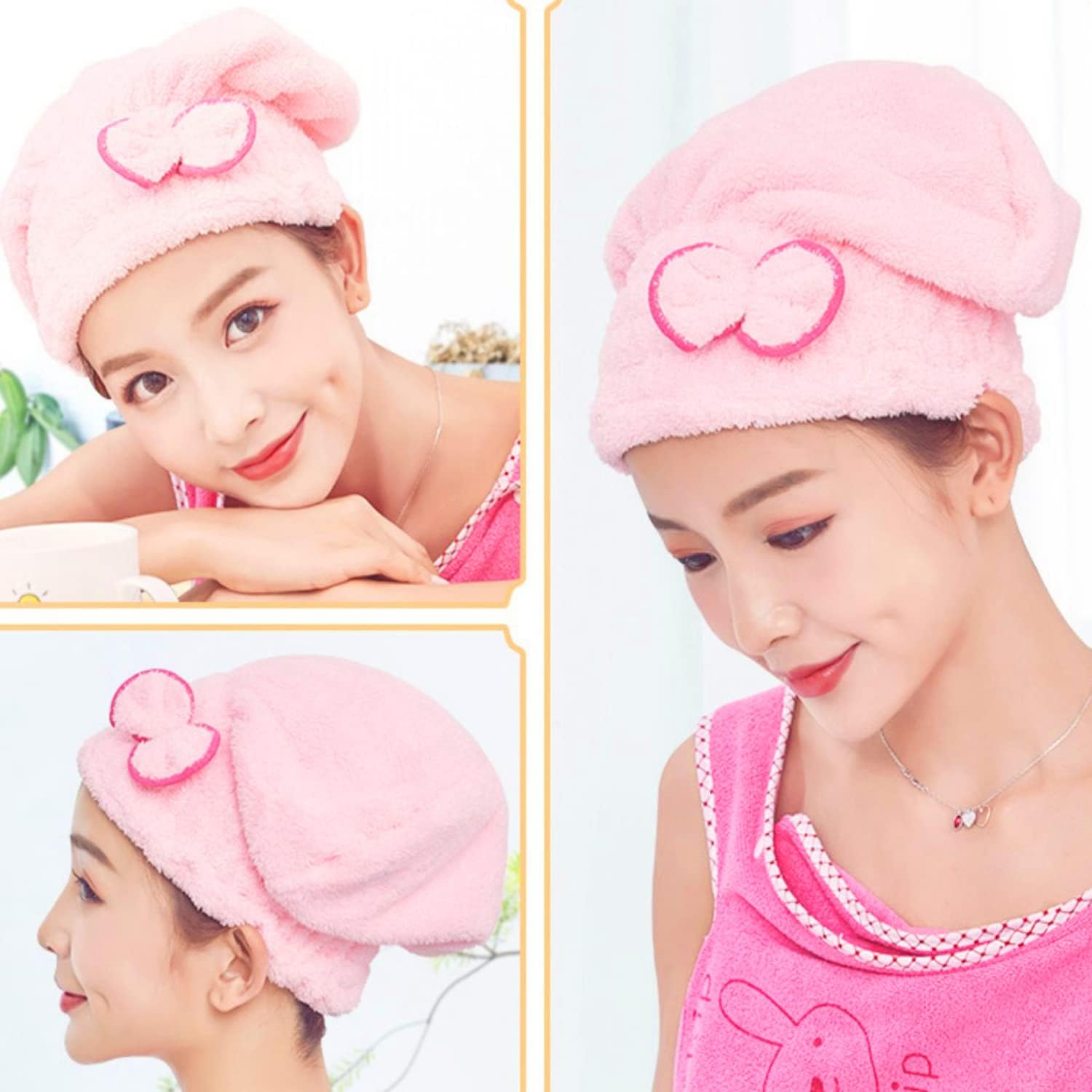 JIEOU Microfiber Hair Drying Cap 3 Packs Red Pink Yellow