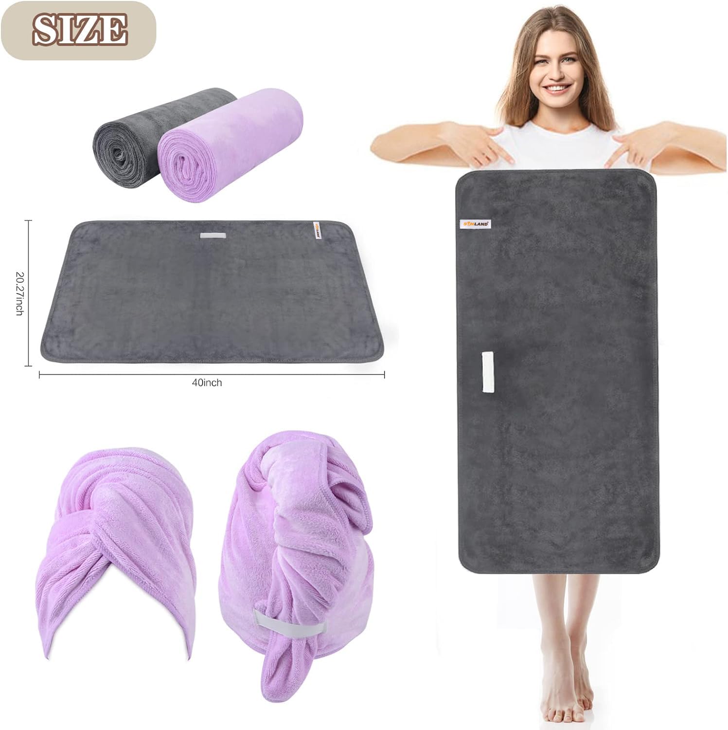 SUNLAND Microfiber Hair Towel with Elastic Band - 40x20 Inches