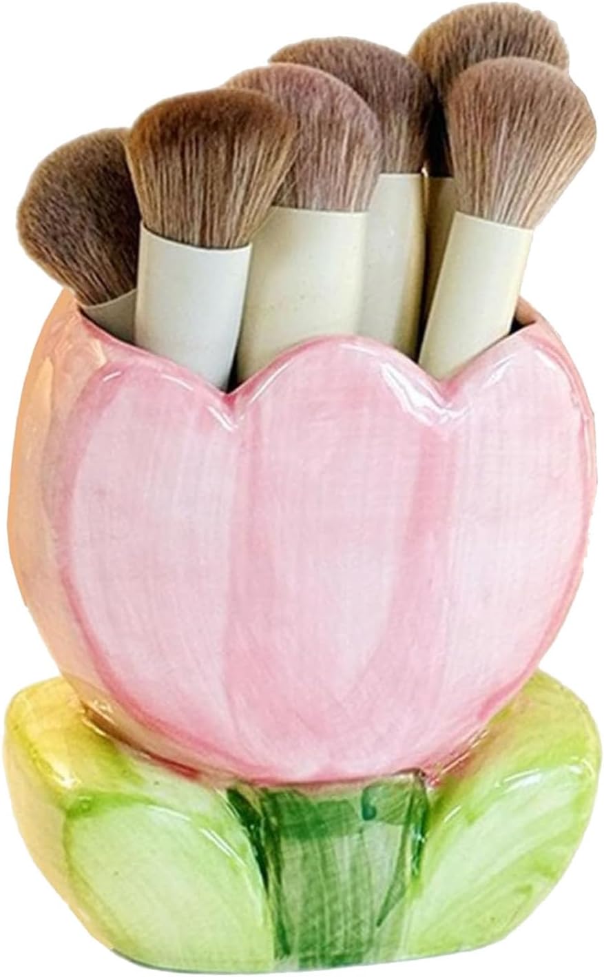 Ceramic Tulip Makeup Brush Holder Pink