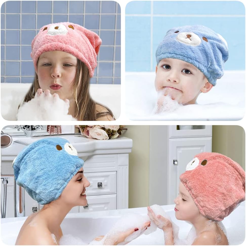 2PCS Cute Bear Dry Hair Caps for Women Girls Kids