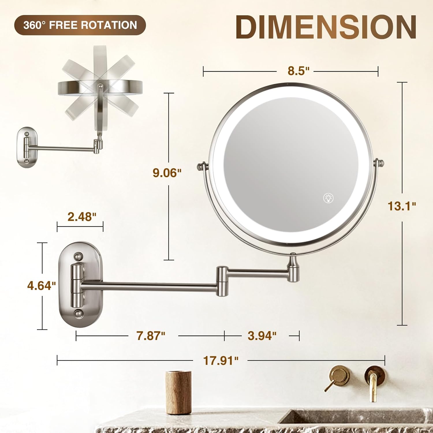 VORREMIRR Rechargeable Lighted Makeup Mirror Wall Mount